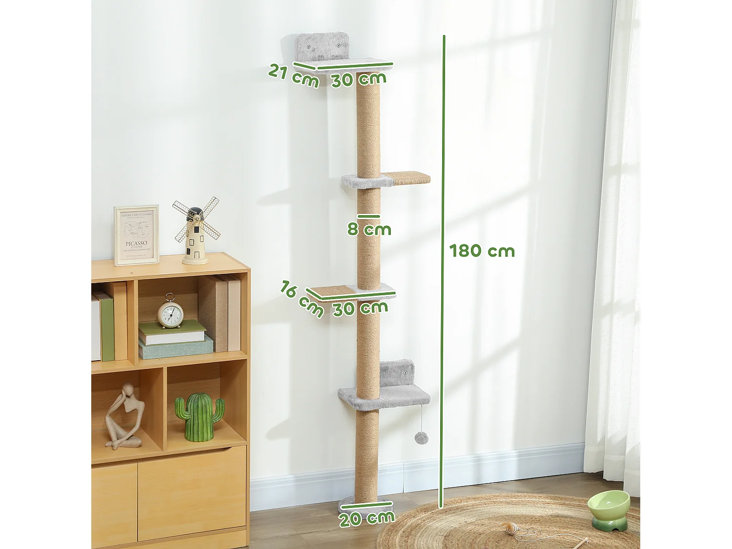 Arbre à chat mural 4 plateformes griffoirs grattoirs boule - 48x21x180cm - gris clair