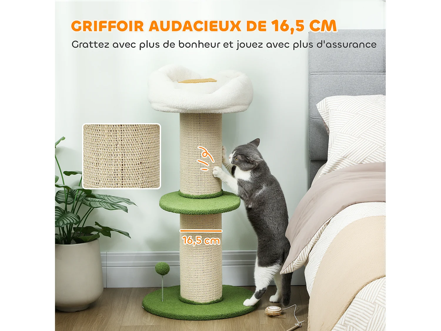 Arbre à chat griffoir design fleurs H.92 cm plateforme et panier d'observation boule à ressort