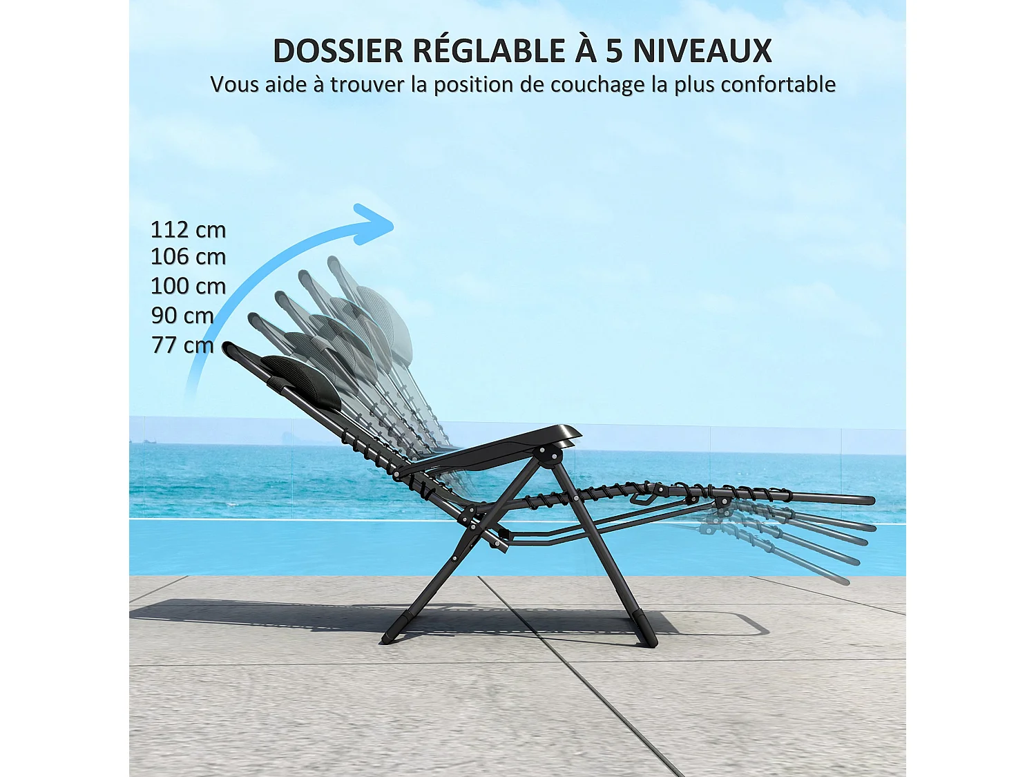 Lot de 2 chaises longues pliables zéro gravité coussin tétière amovible métal époxy textilène noir
