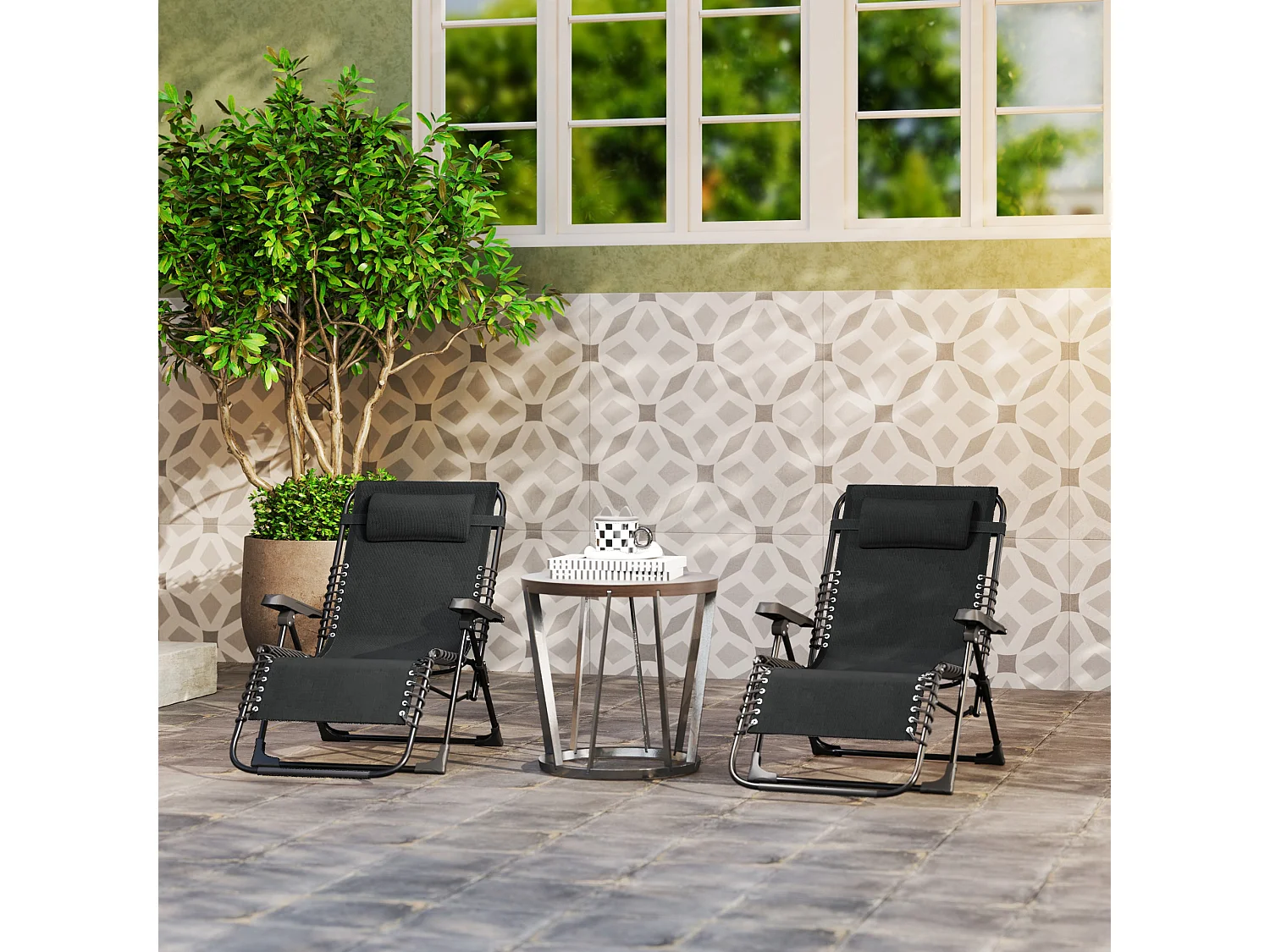 Lot de 2 chaises longues pliables zéro gravité coussin tétière amovible métal époxy textilène noir