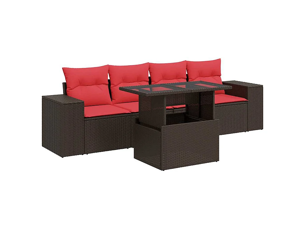 Salon de jardin avec coussins 5 pièces marron résine tressée acacia
