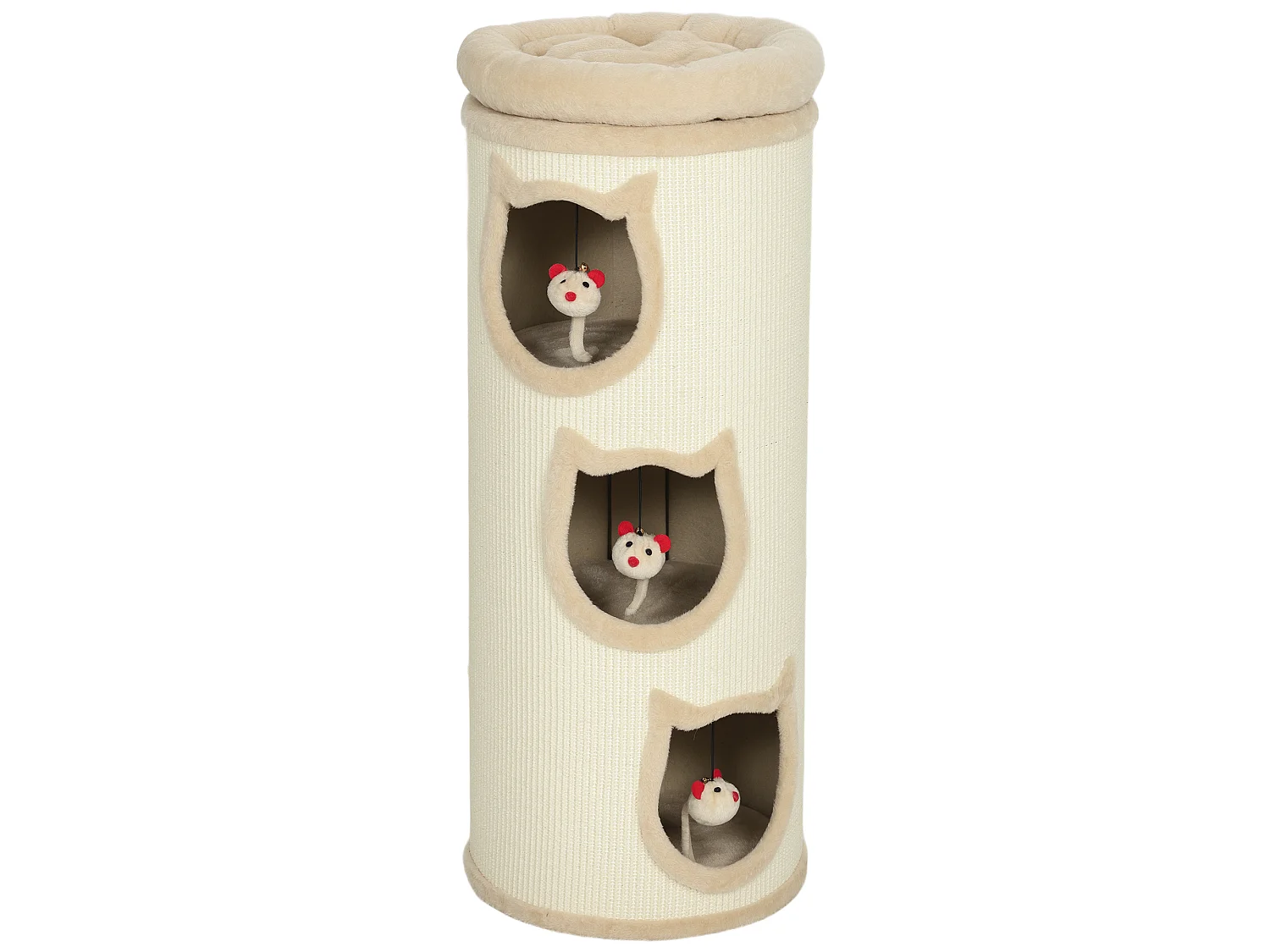 Tour à griffer pour chat - arbre à chat - 3 niches, 3 jouets, panier haut - sisal peluche beige
