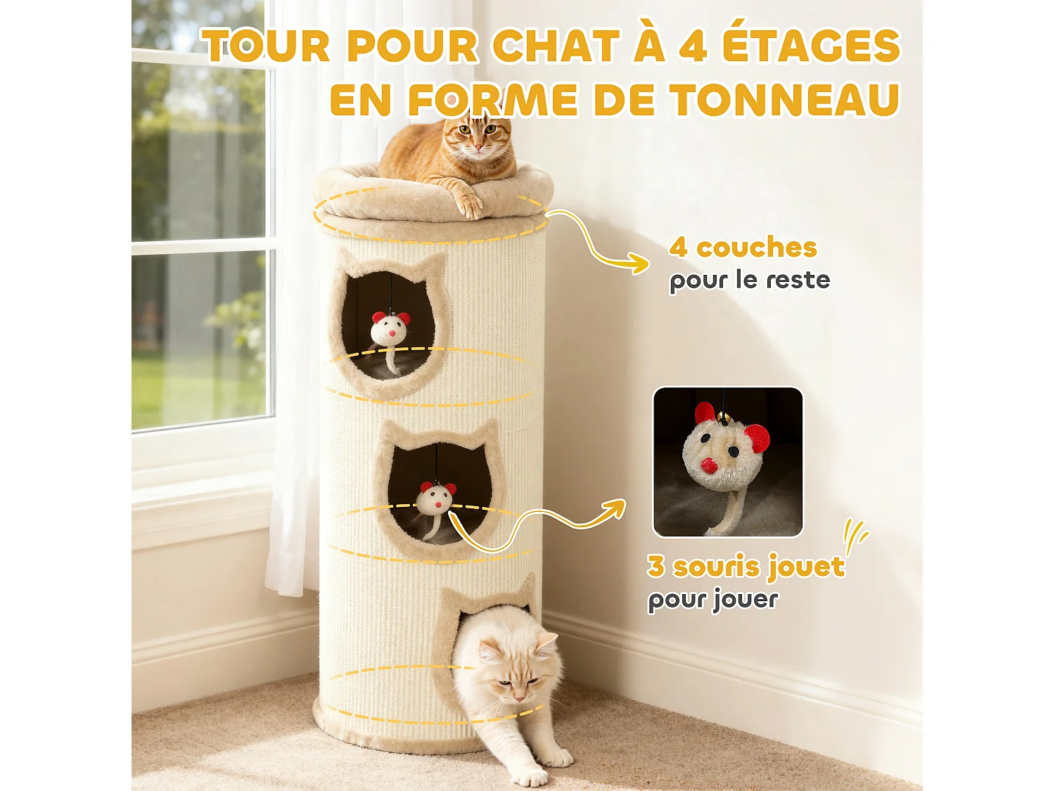 Tour à griffer pour chat - arbre à chat - 3 niches, 3 jouets, panier haut - sisal peluche beige