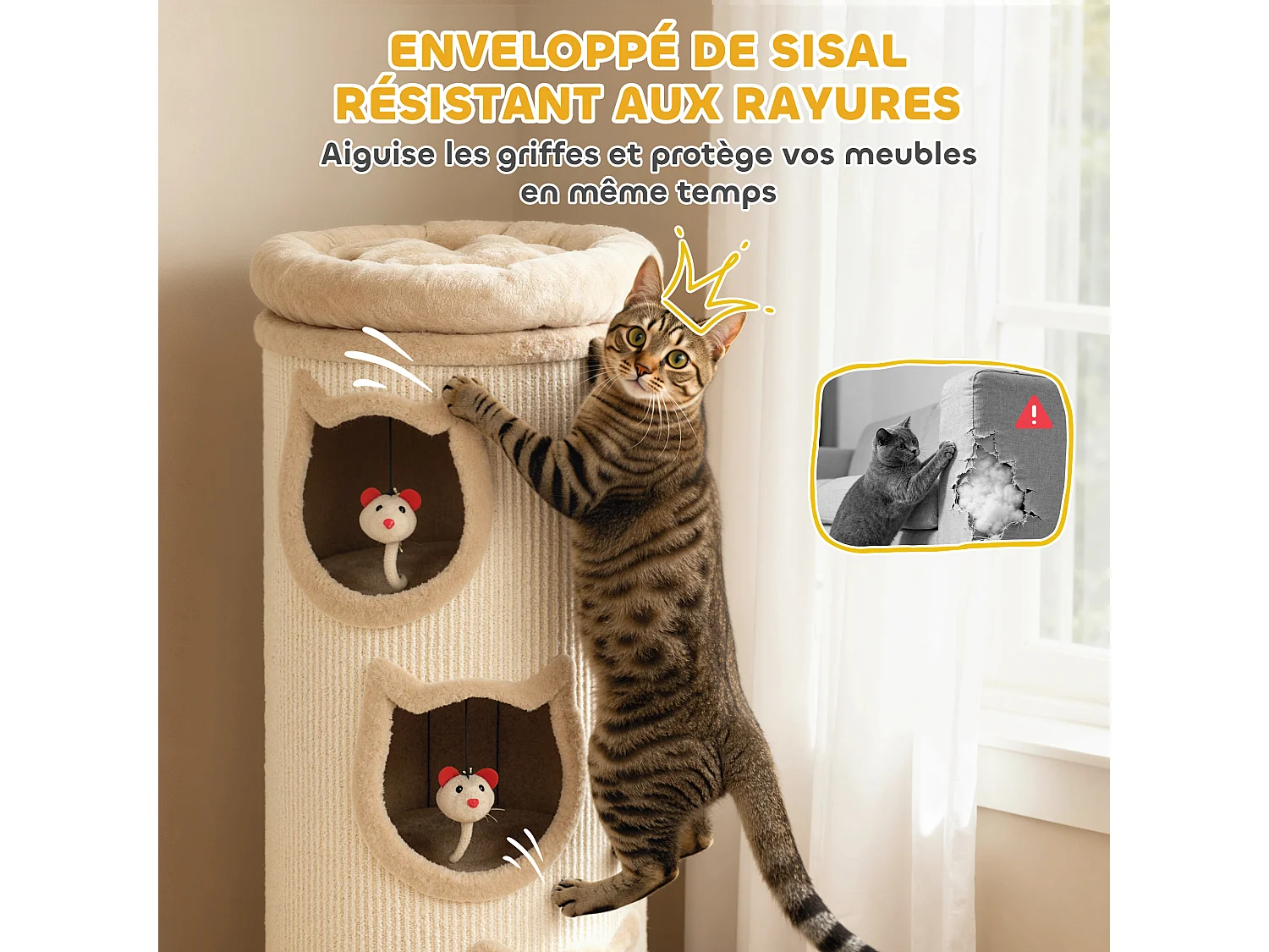 Tour à griffer pour chat - arbre à chat - 3 niches, 3 jouets, panier haut - sisal peluche beige
