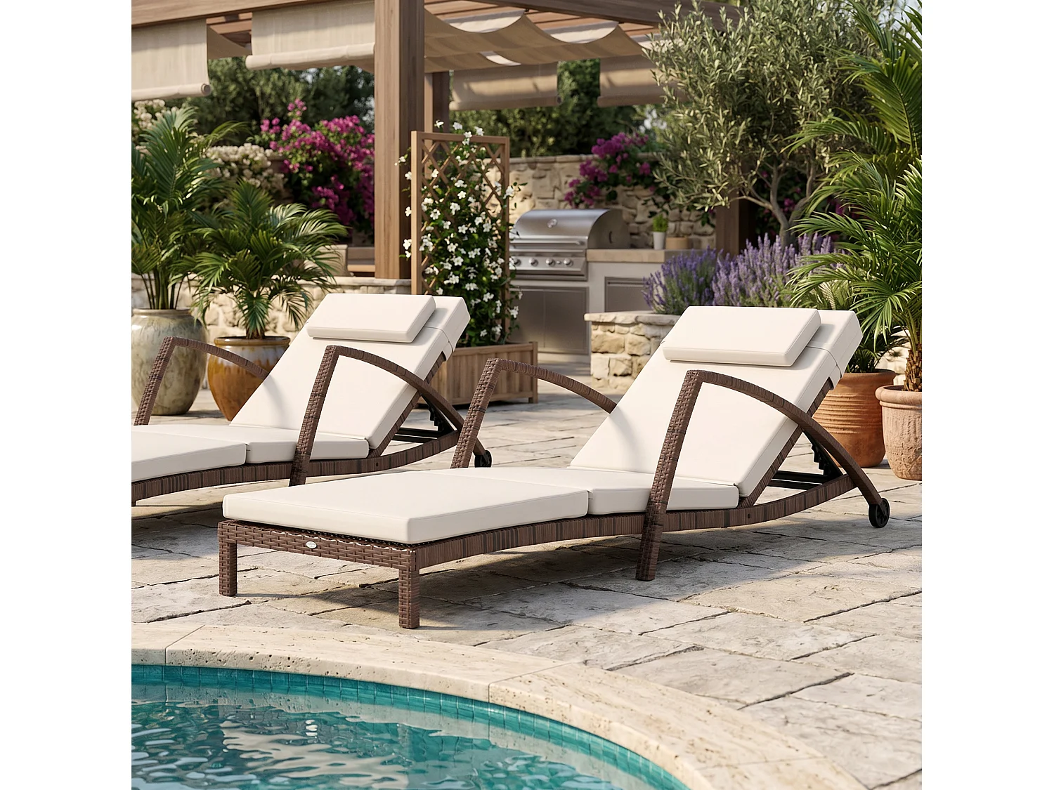 Bain de soleil transat style colonial résine tressée - inclinable, 2 roulettes, accoudoirs - matelas tétière beige