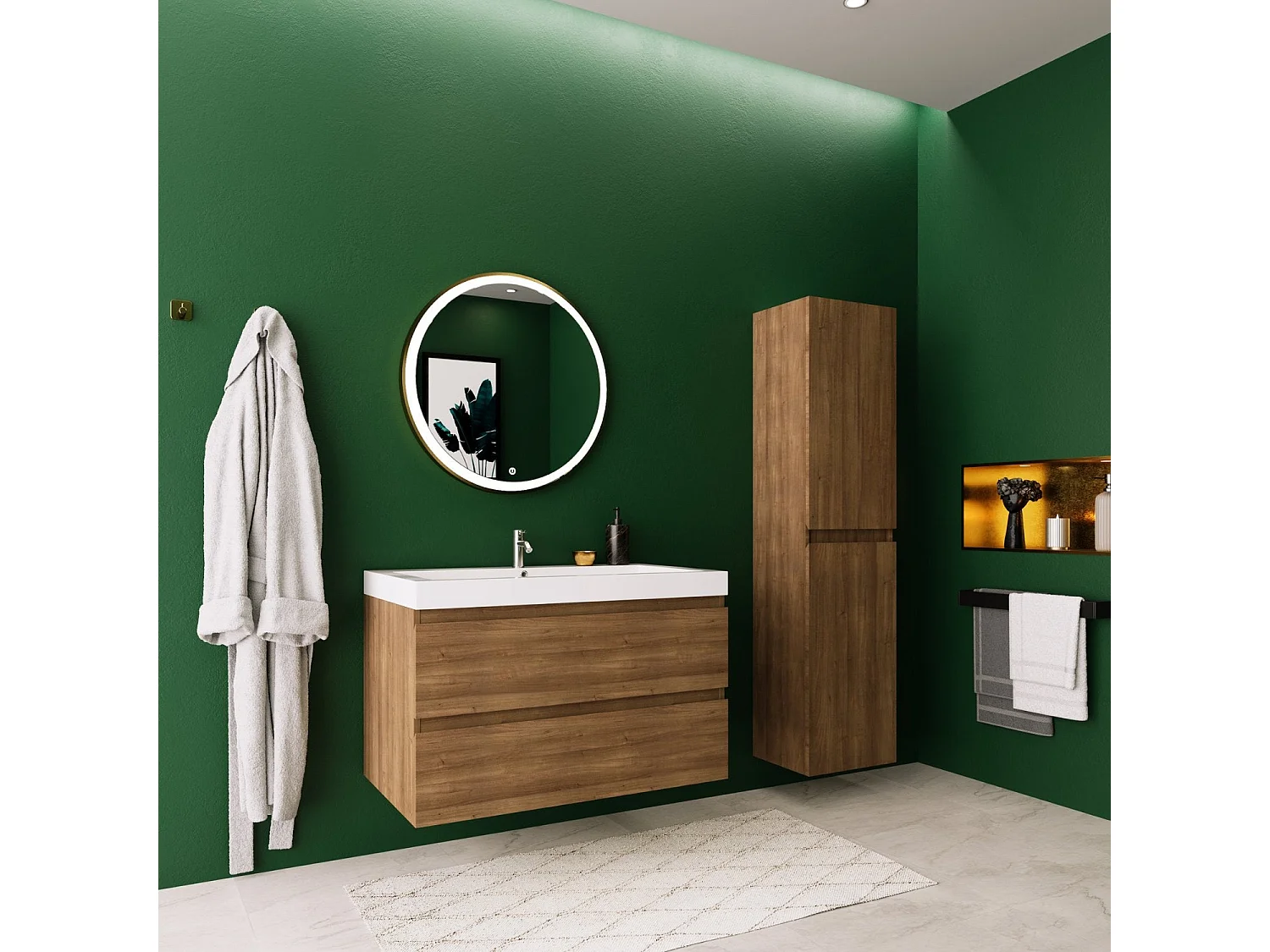 Meuble de salle de bain LOMAZOO Monaco  chêne chaud - lavabo blanc - 100cm