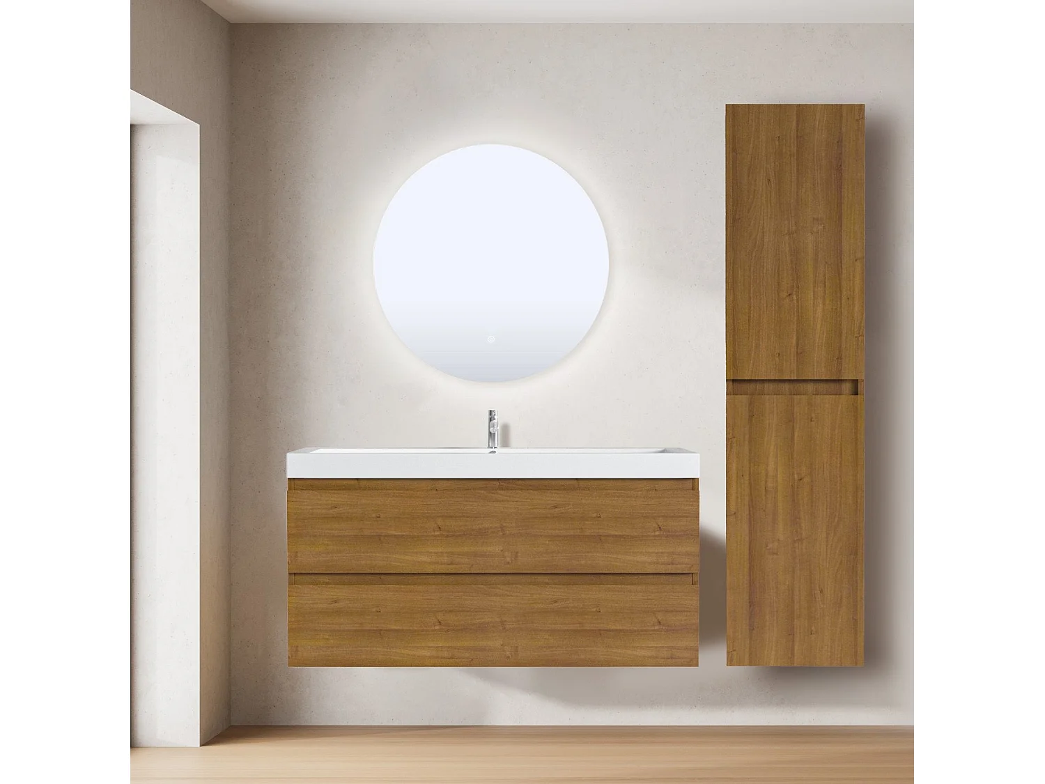 Meuble de salle de bain LOMAZOO Monaco  chêne chaud - lavabo blanc - 100cm