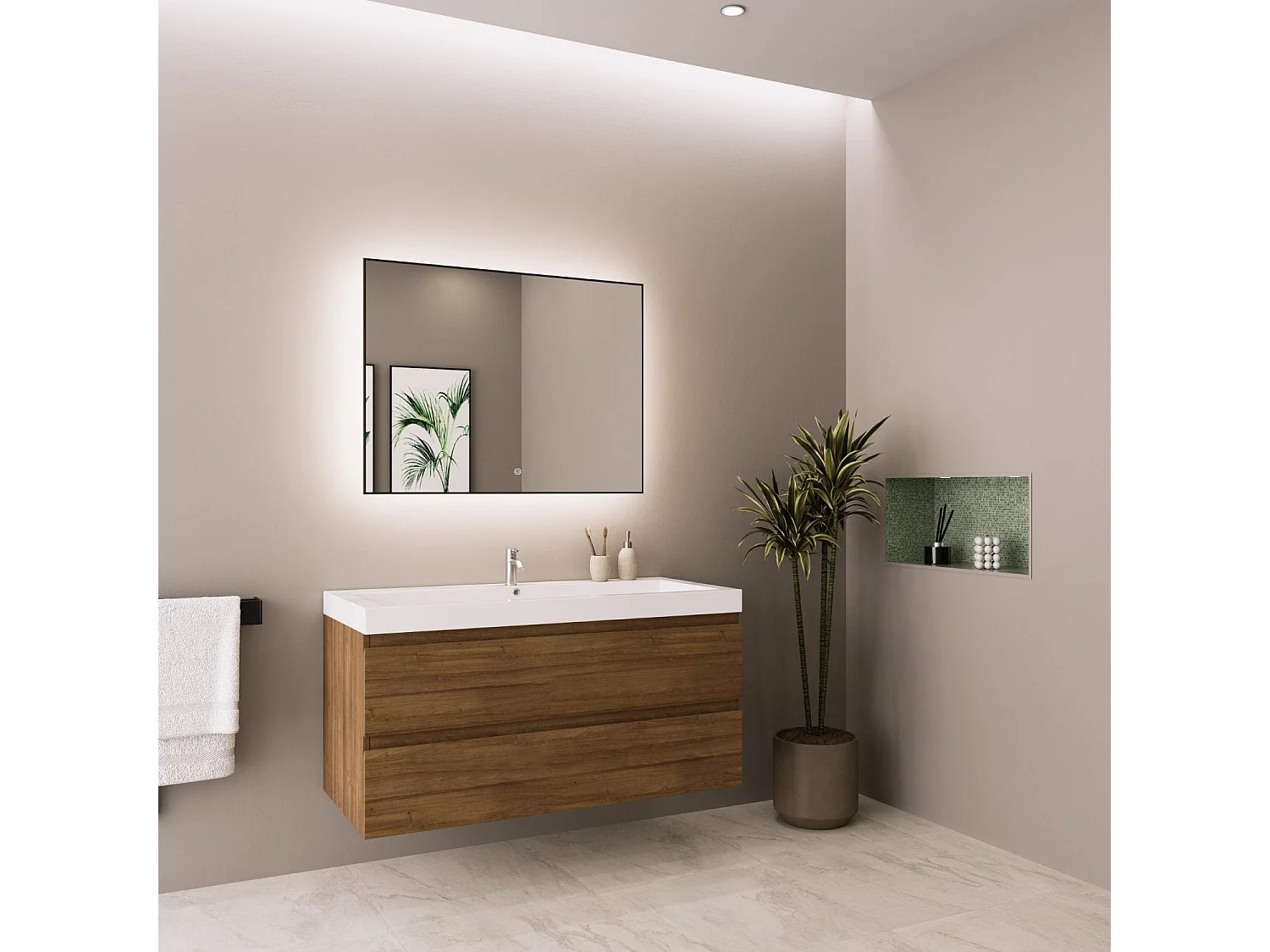 Meuble de salle de bain LOMAZOO Monaco  chêne chaud - lavabo blanc - 100cm