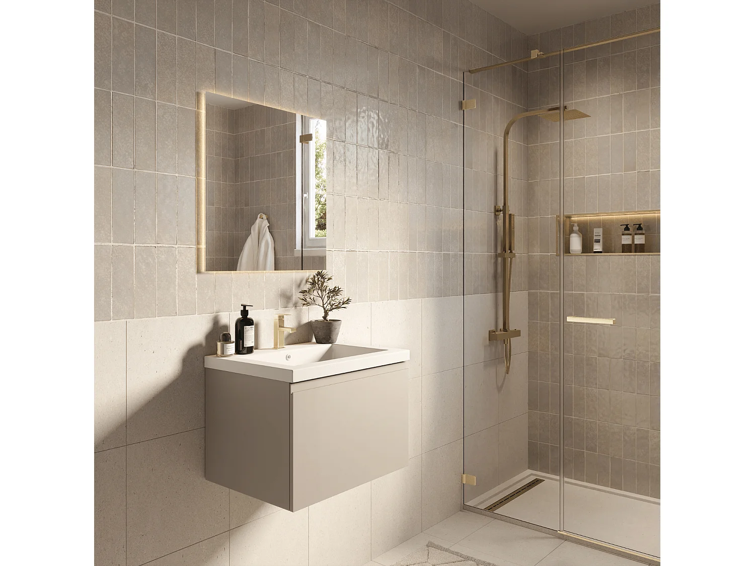 Meuble de salle de bain LOMAZOO Modena  greige - lavabo blanc - 60cm
