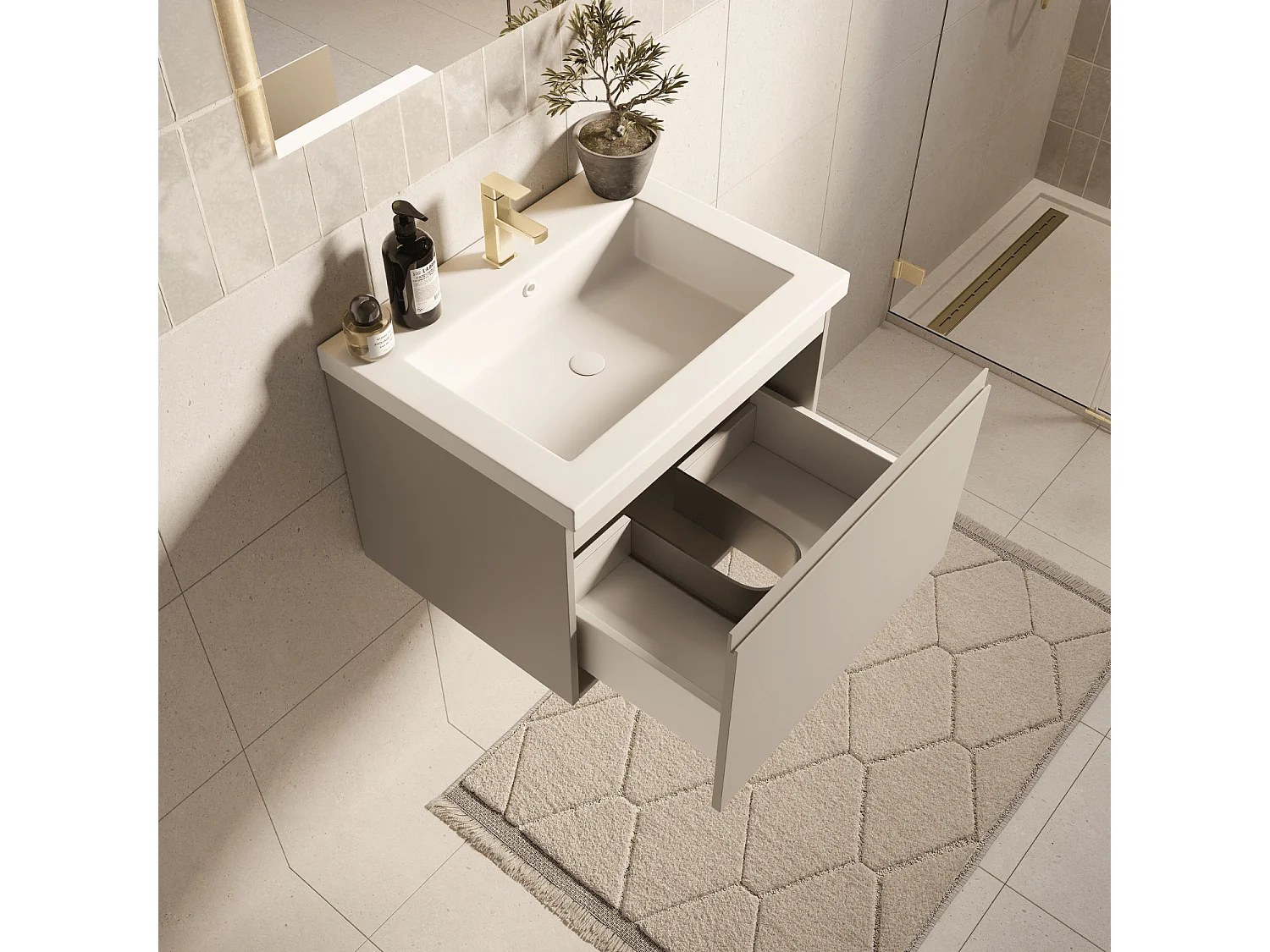 Meuble de salle de bain LOMAZOO Modena  greige - lavabo blanc - 60cm