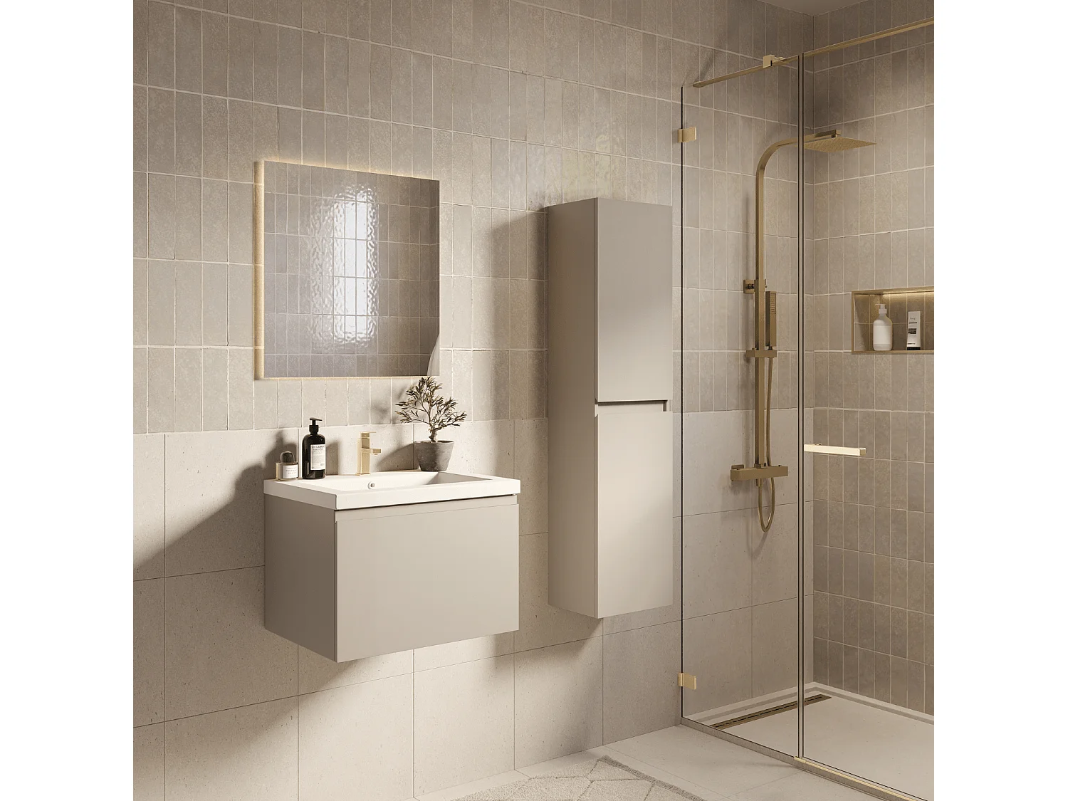 Meuble de salle de bain LOMAZOO Modena  greige - lavabo blanc - 60cm
