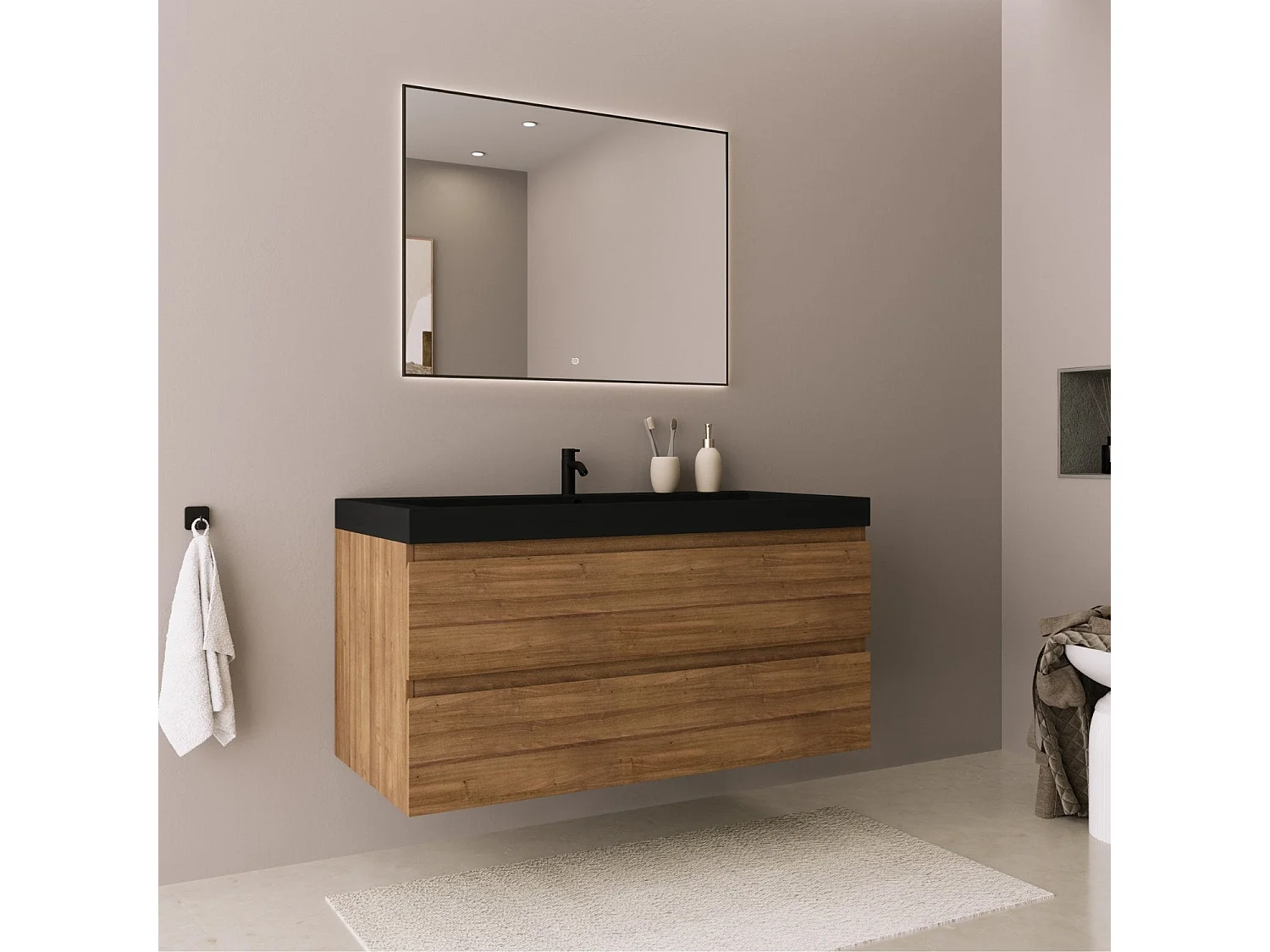 Meuble de salle de bain LOMAZOO Monaco chêne chaud - lavabo noir - 100cm