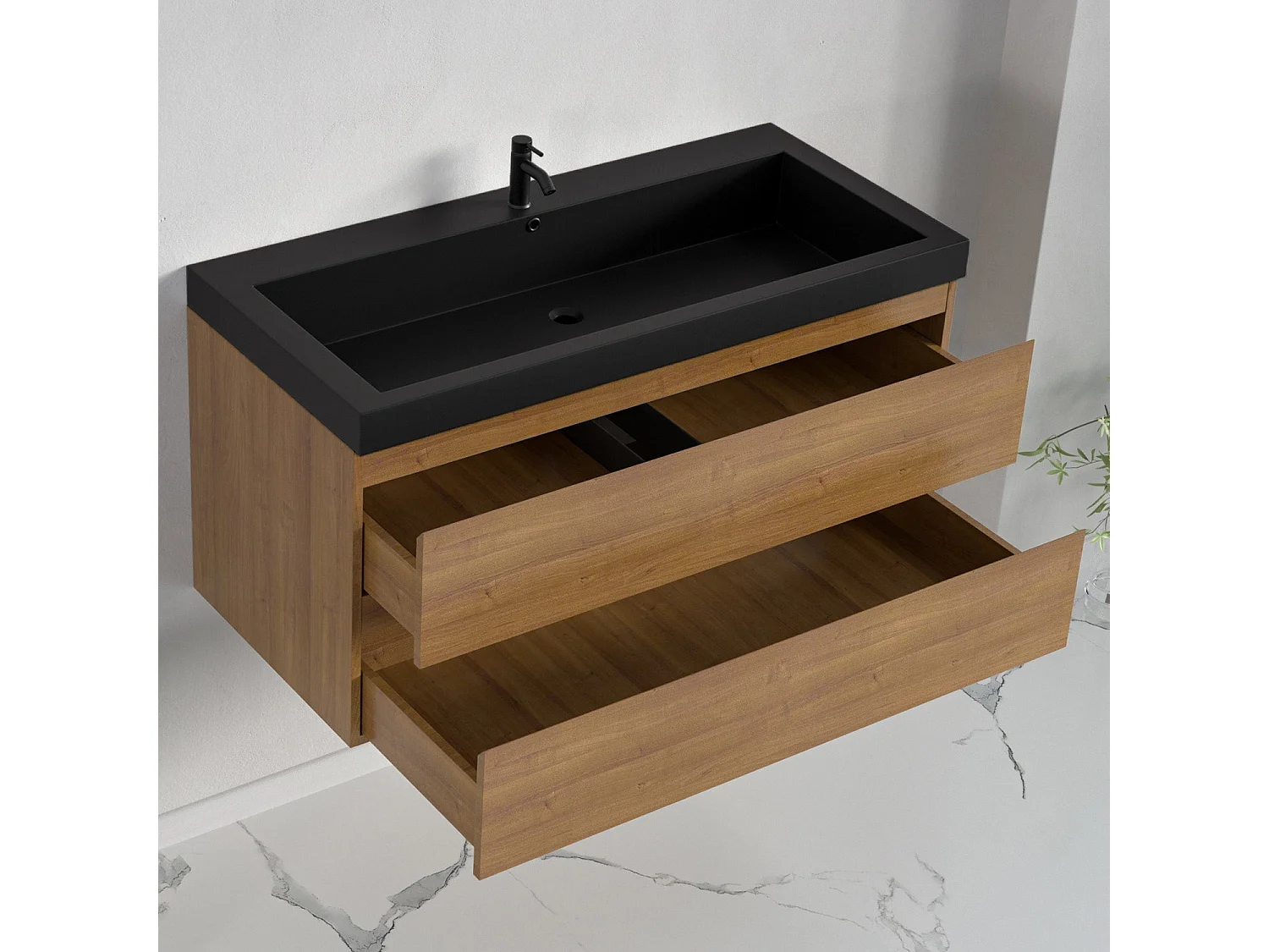 Meuble de salle de bain LOMAZOO Monaco chêne chaud - lavabo noir - 100cm