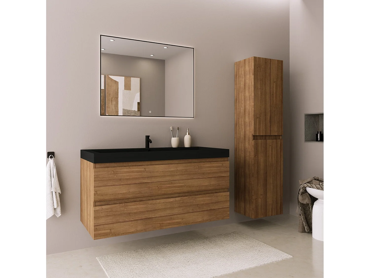 Meuble de salle de bain LOMAZOO Monaco chêne chaud - lavabo noir - 100cm
