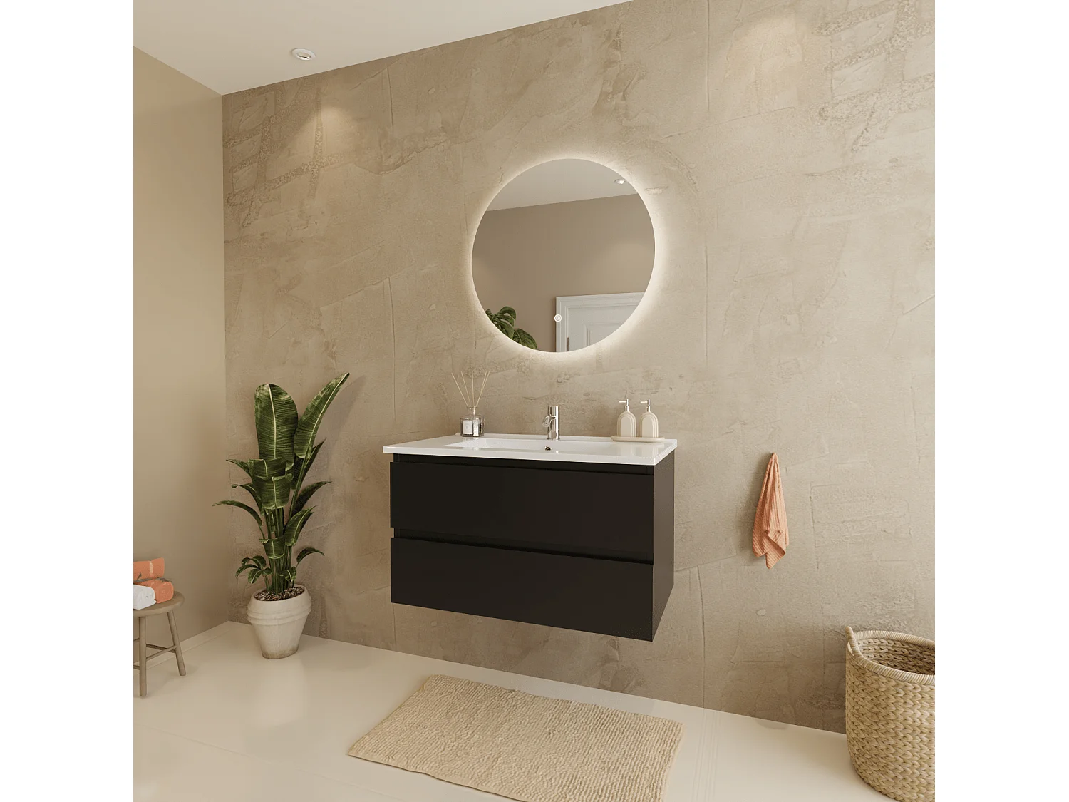 Meuble de salle de bain LOMAZOO Marenza noir mat - 80cm - lavabo blanc