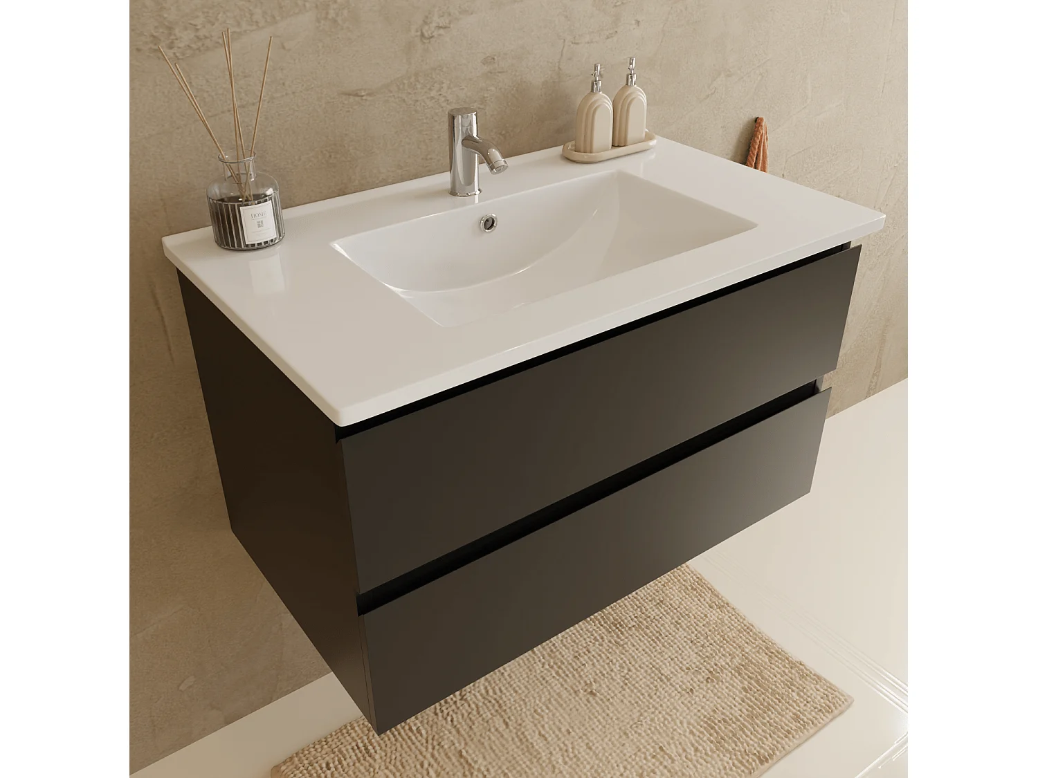 Meuble de salle de bain LOMAZOO Marenza noir mat - 80cm - lavabo blanc
