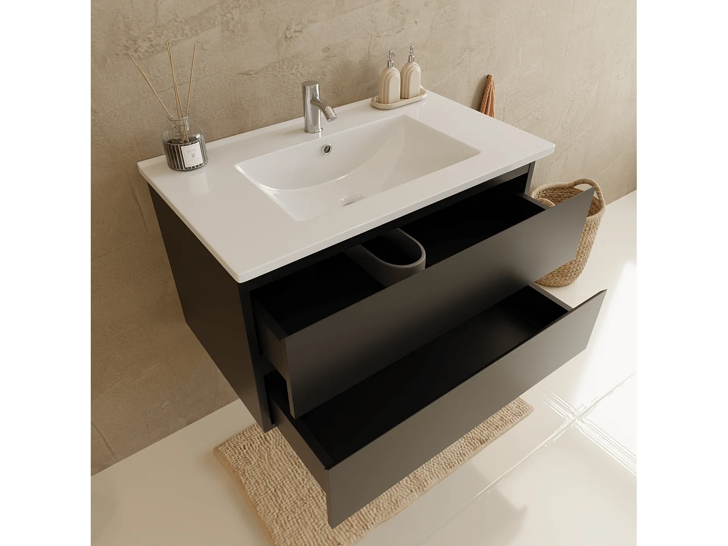 Meuble de salle de bain LOMAZOO Marenza noir mat - 80cm - lavabo blanc