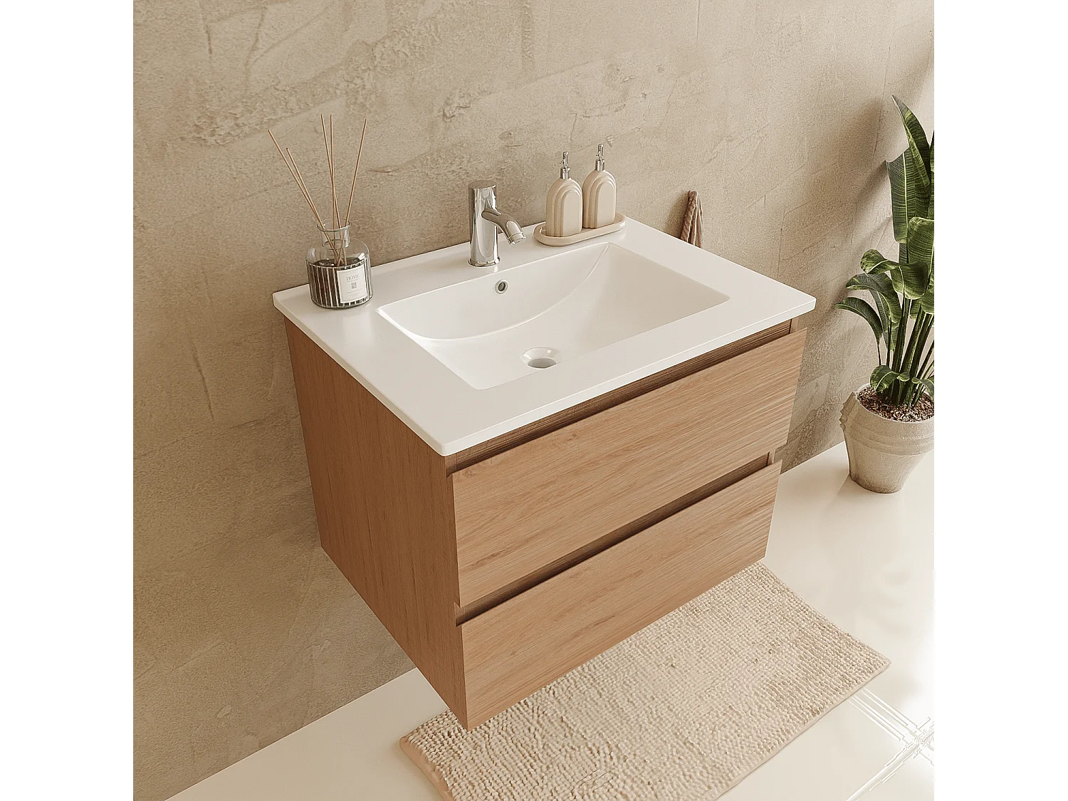 Meuble de salle de bain LOMAZOO Marenza chêne clair - 60cm - lavabo blanc