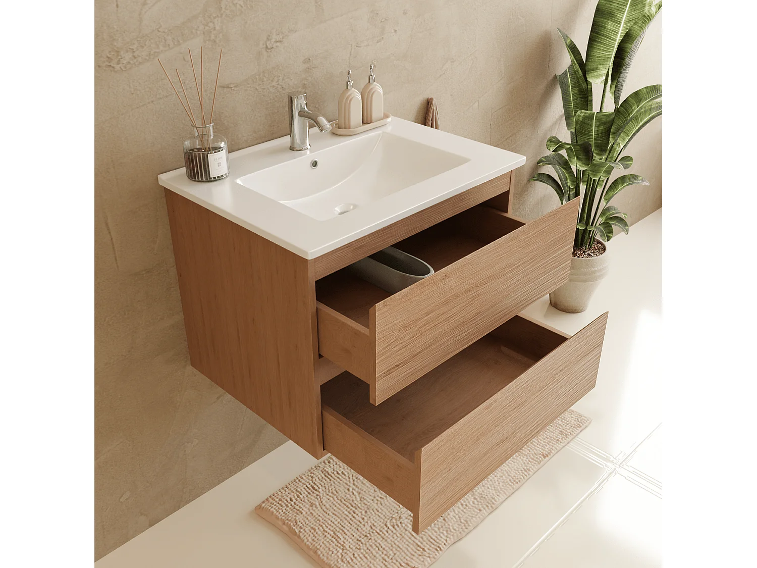 Meuble de salle de bain LOMAZOO Marenza chêne clair - 60cm - lavabo blanc