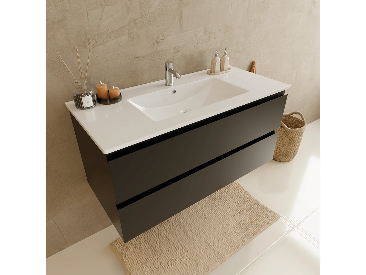 Meuble de salle de bain LOMAZOO Marenza noir mat - 100cm - lavabo blanc