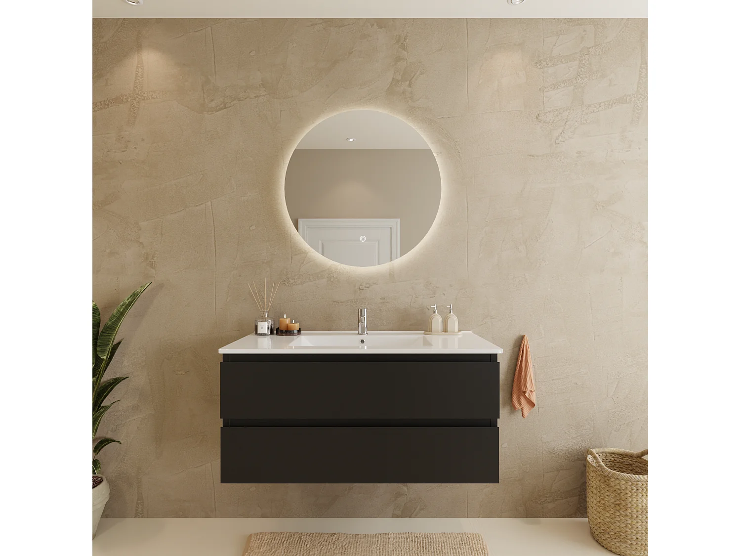 Meuble de salle de bain LOMAZOO Marenza noir mat - 100cm - lavabo blanc