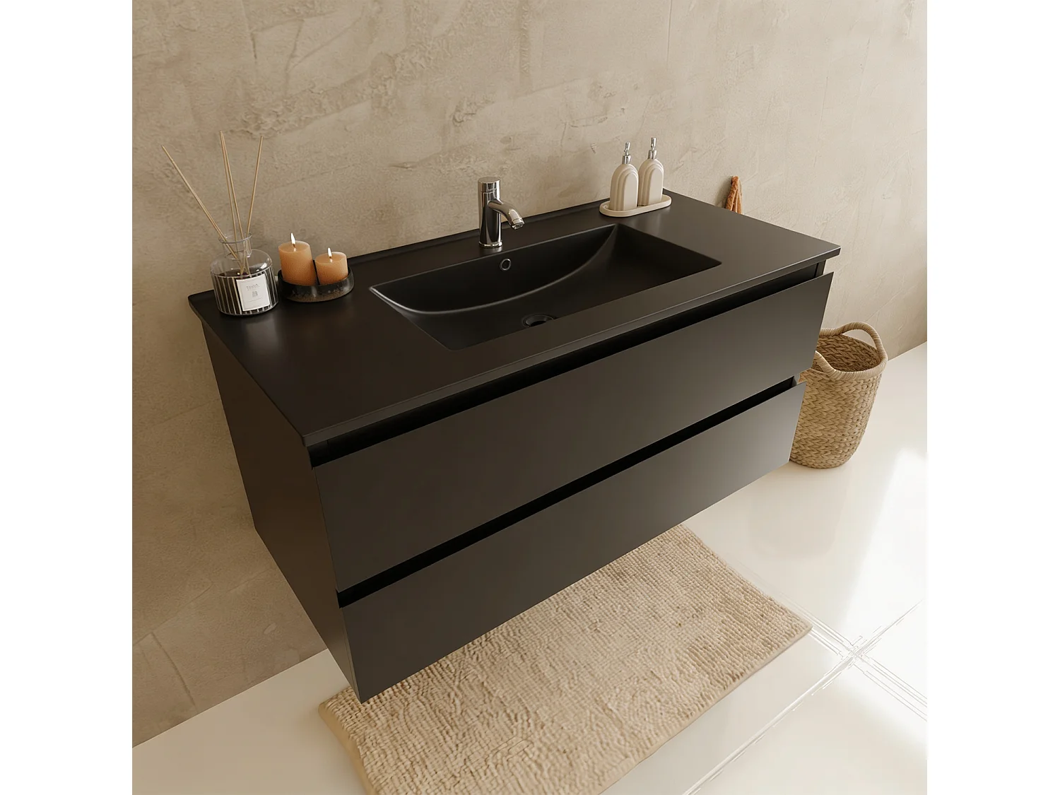 Meuble de salle de bain LOMAZOO Marenza noir mat - 100cm - lavabo noir