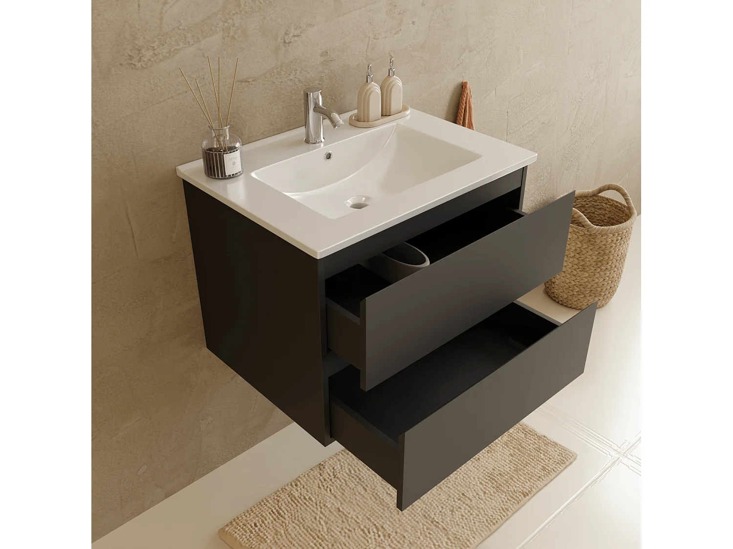 Meuble de salle de bain LOMAZOO Marenza noir mat - 60cm - lavabo blanc