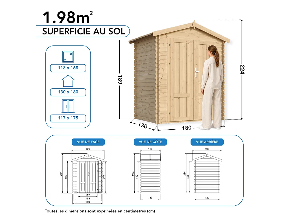 Houten tuinschuurtje met geimpregneerde vloer - 196x136xH218 cm / 1.98 m² - M367F1+M367G