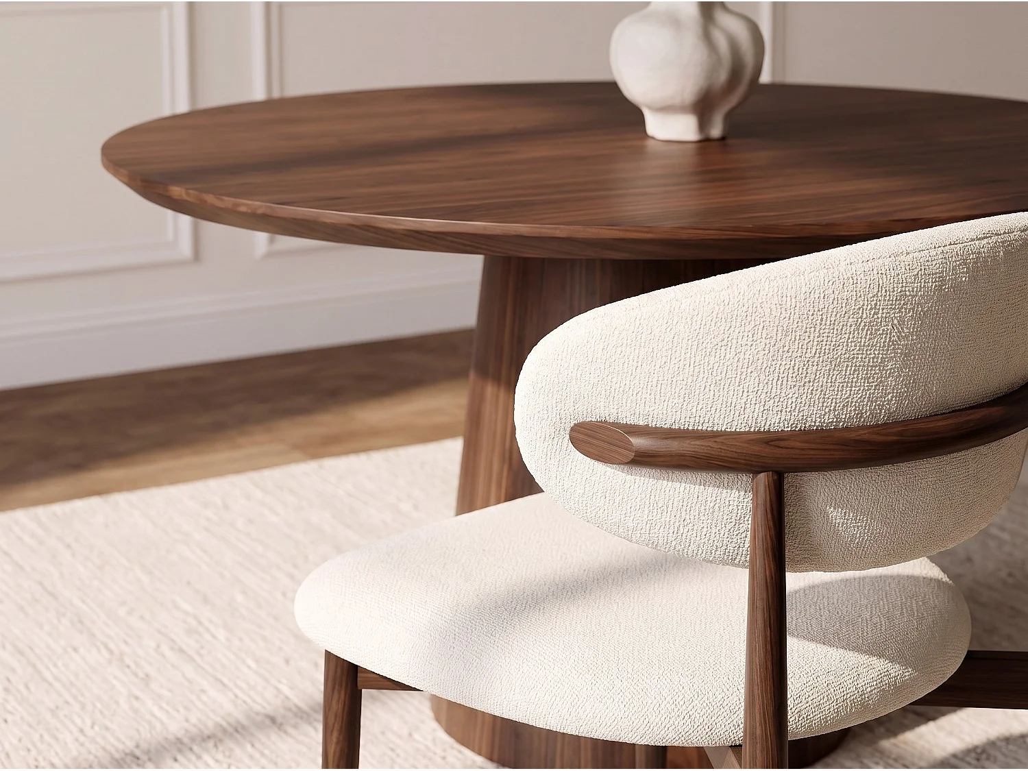 Lot de 8 chaises de salle à manger Lulu - Tissu Chenille Déperlant Blanc Cassé / Pieds finition Noyer