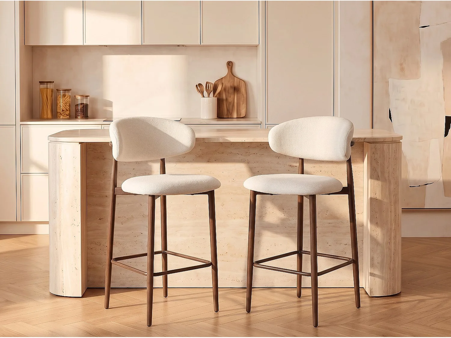 Lot de 8 chaises de bar Lulu - Tissu Chenille Déperlant Blanc Cassé / Pieds finition Noyer