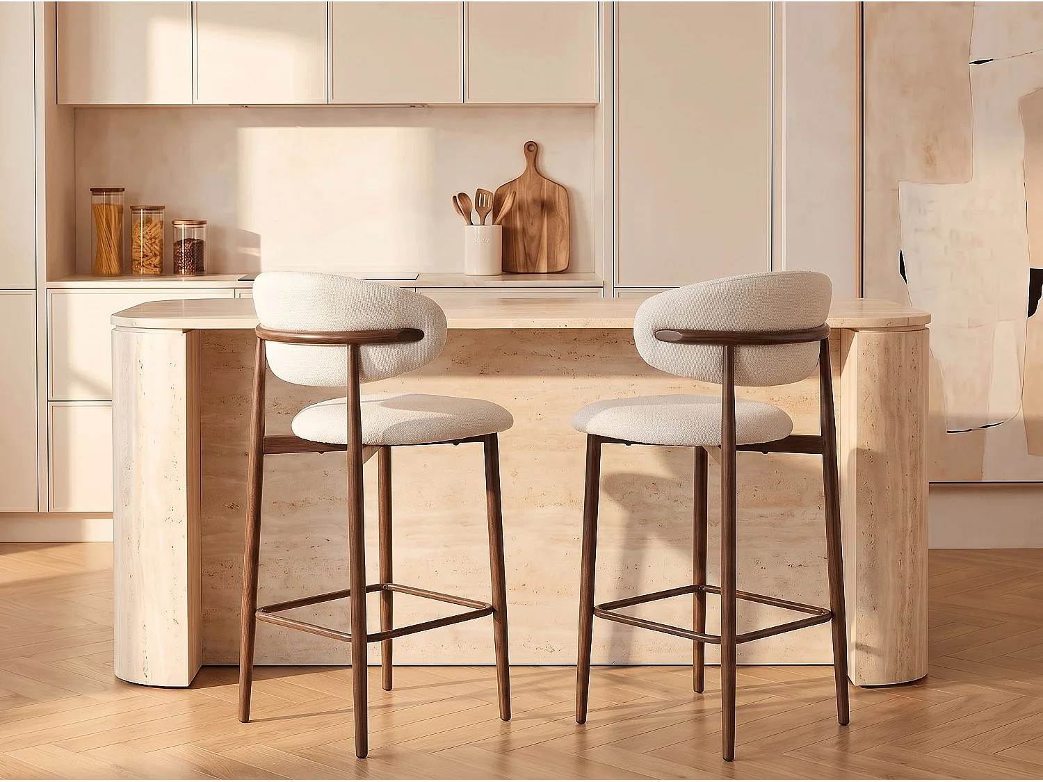 Lot de 8 chaises de bar Lulu - Tissu Chenille Déperlant Blanc Cassé / Pieds finition Noyer
