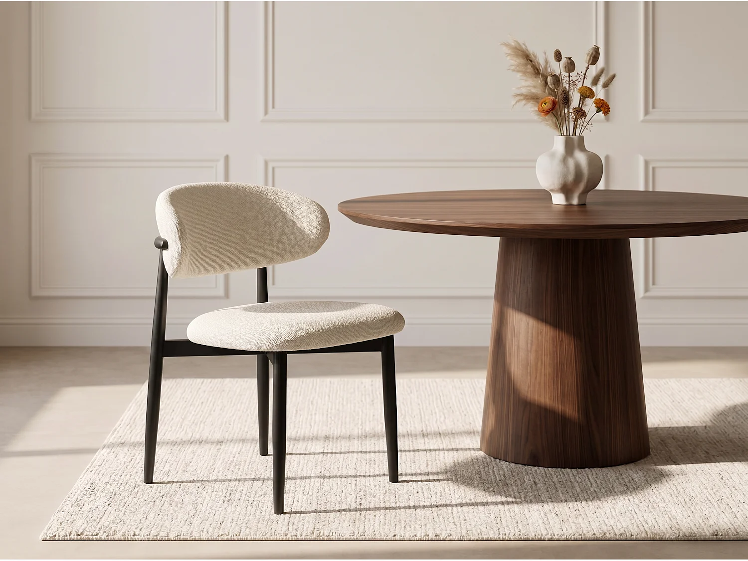 Lot de 8 chaises de salle à manger Lulu - Tissu Chenille Déperlant Blanc Cassé / Pieds Noirs