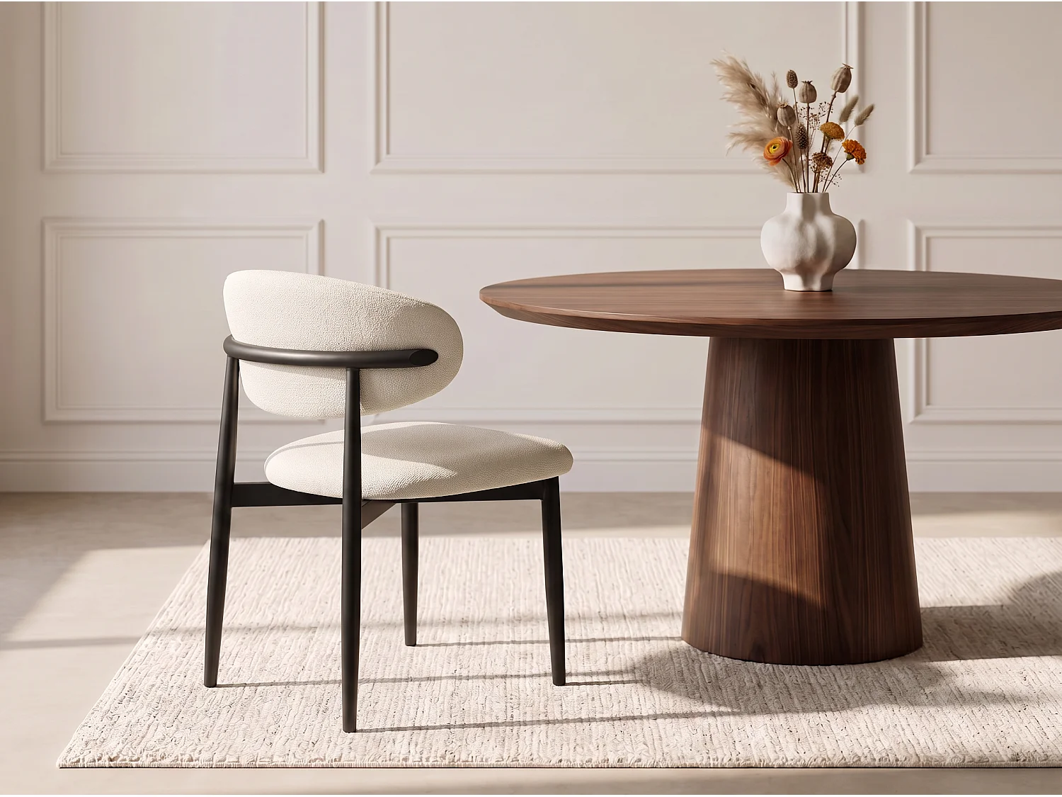Lot de 8 chaises de salle à manger Lulu - Tissu Chenille Déperlant Blanc Cassé / Pieds Noirs