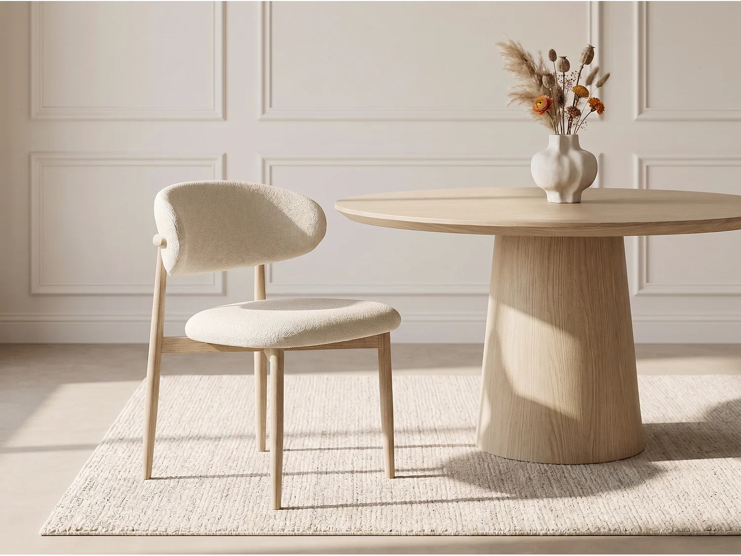 Lot de 8 chaises de salle à manger Lulu - Tissu Chenille Déperlant Blanc Cassé / Pieds finition Chêne