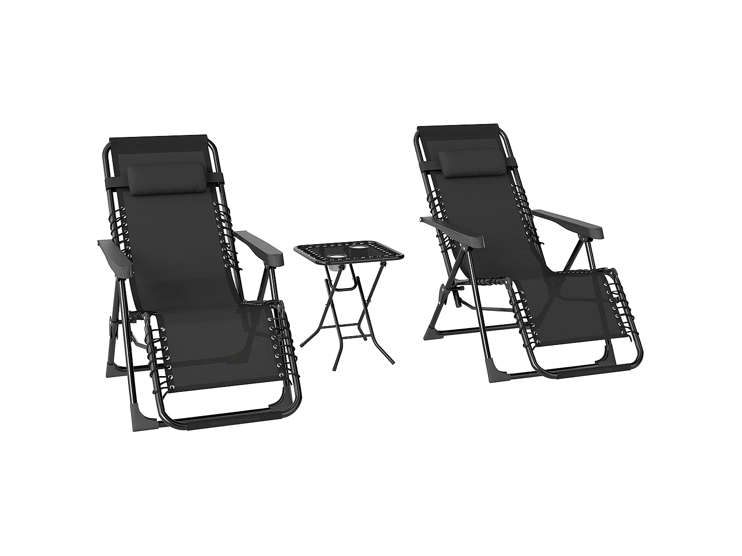 Lot de 2 chaises longues pliables inclinables zéro gravité avec table d'appoint métal textilène noir