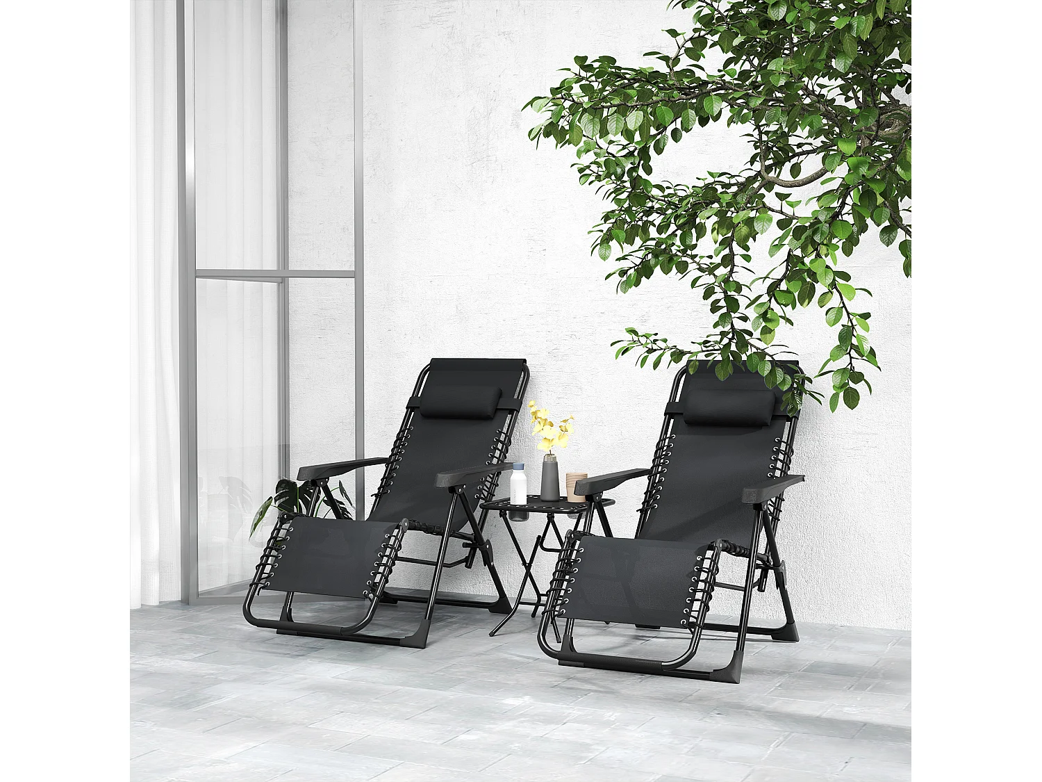 Lot de 2 chaises longues pliables inclinables zéro gravité avec table d'appoint métal textilène noir