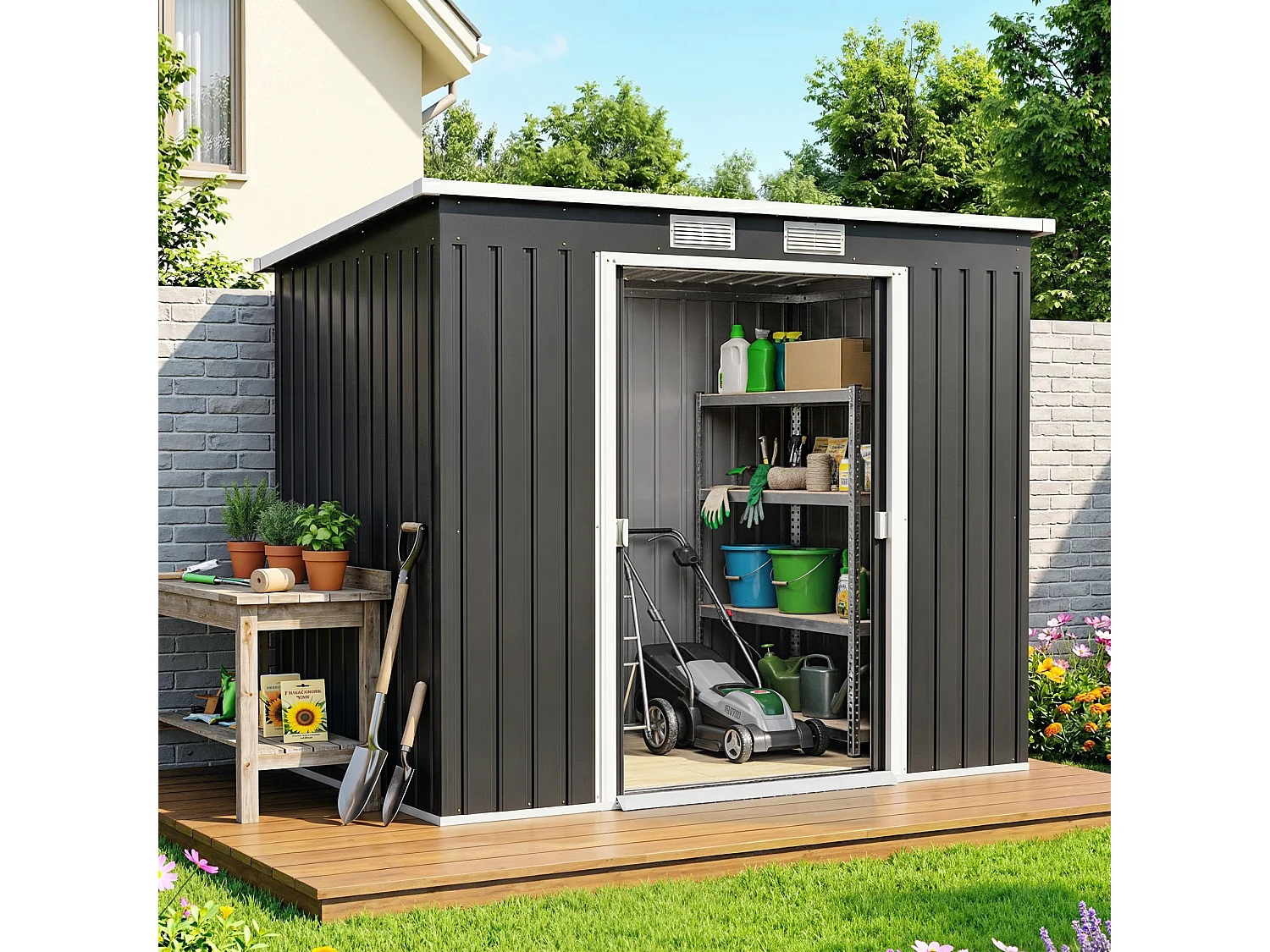 Abri de jardin - fondation incluse - cabanon 2 portes coulissantes - 213 x 130 x 172 cm - tôle acier anthracite
