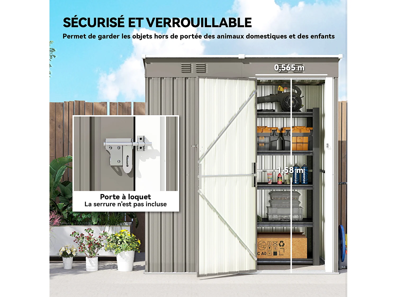 Abri de jardin 1,37 m² - cabanon porte verrouillable - tôle d'acier ondulé gris blanc