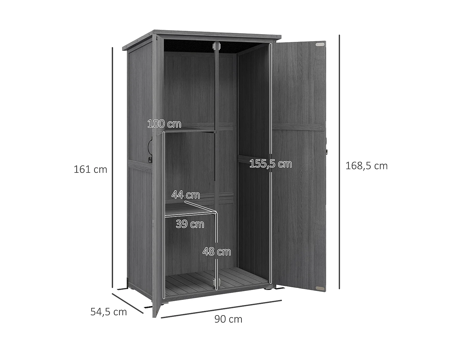 Armoire de jardin abri de jardin 2 portes croisillons 2 étagères toit bitumé bois sapin gris