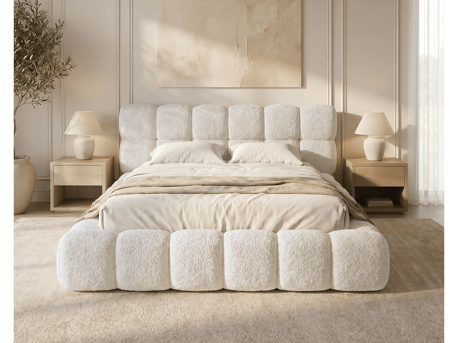 BESILIO Polsterbett 180x200 Bouclé Tokyo – Bett mit Bettkasten und Lattenrost, modernes Stauraumbett aus dickem Schaumstoff – Creme