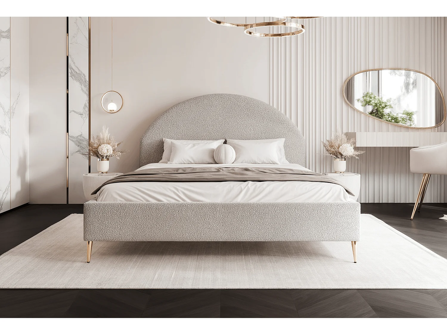 BESILIO Łóżko tapicerowane Boucle 180x200 Velora II - stelaż listwowy, wezgłowie, pojemnik, łóżko slim, wysokie złote nogi - Beżowy