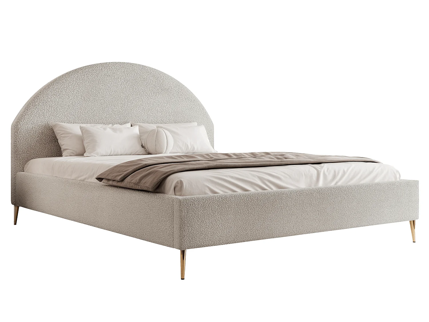 BESILIO Łóżko tapicerowane Boucle 180x200 Velora II - stelaż listwowy, wezgłowie, pojemnik, łóżko slim, wysokie złote nogi - Beżowy