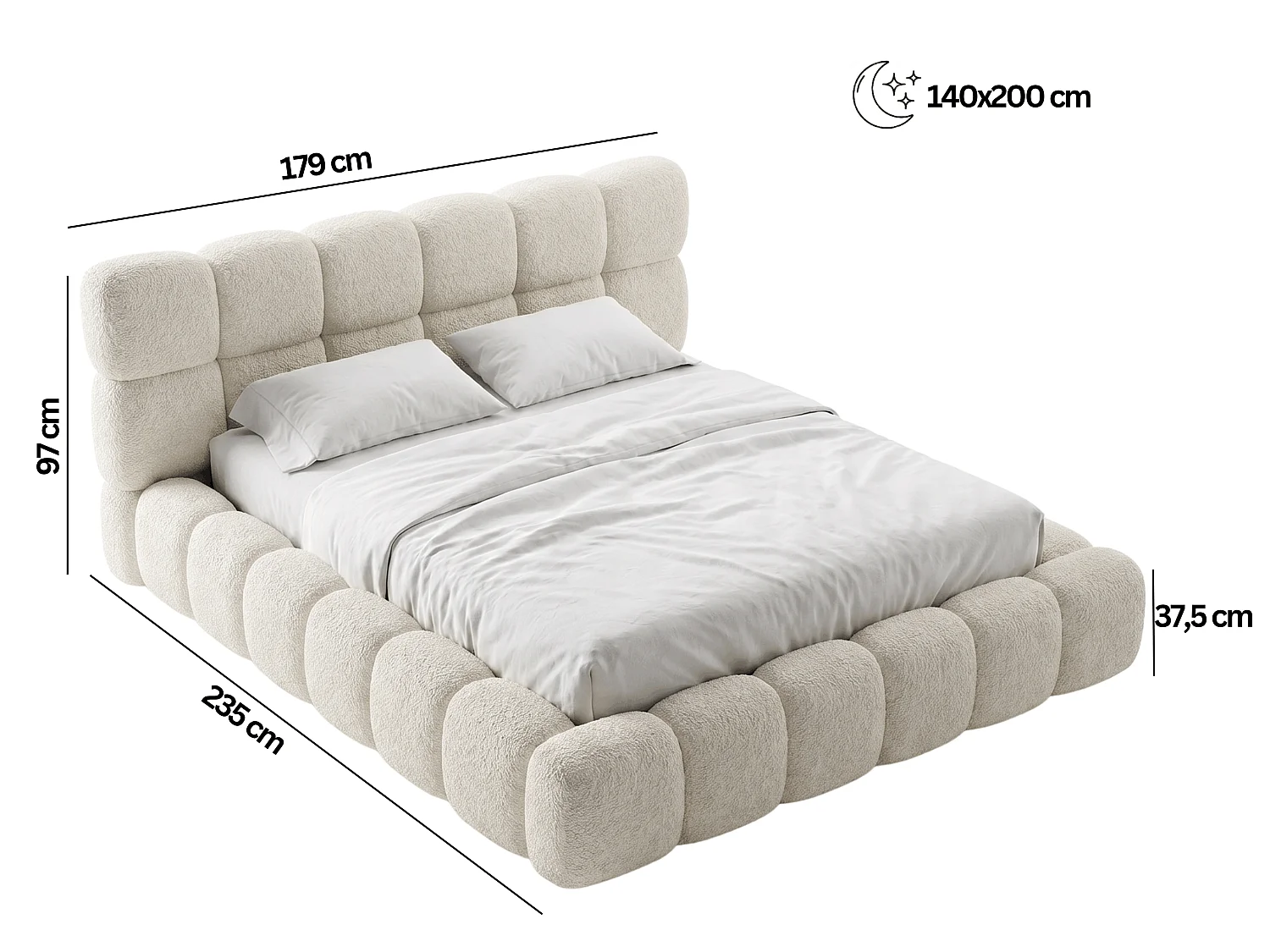 BESILIO Polsterbett 140x200 Bouclé Tokyo – Bett mit Bettkasten und Lattenrost, modernes Stauraumbett aus dickem Schaumstoff – Creme