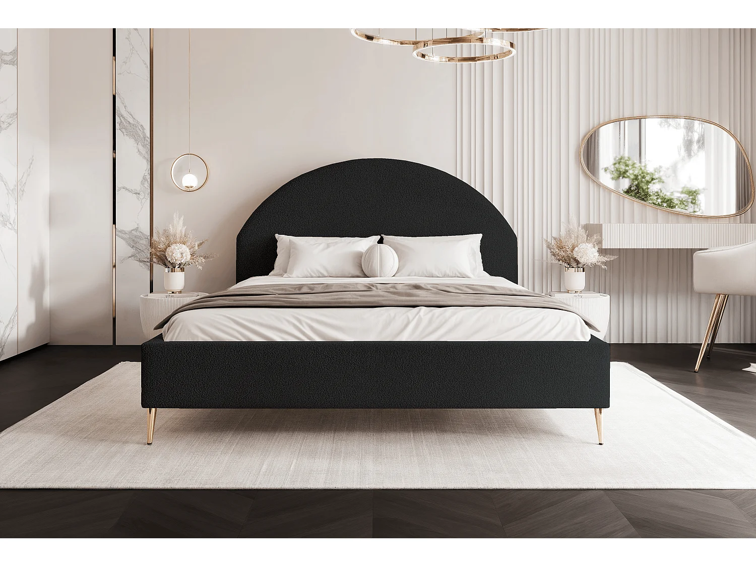 BESILIO Łóżko tapicerowane Boucle 180x200 Velora II - stelaż listwowy, wezgłowie, pojemnik, łóżko slim, wysokie złote nogi - Czarny