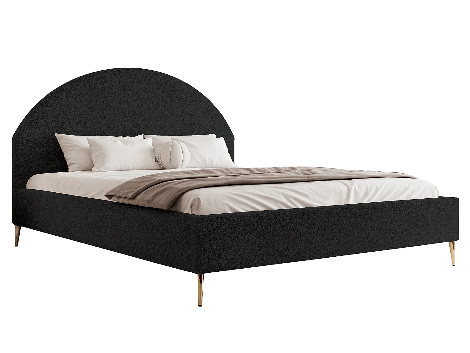 BESILIO Łóżko tapicerowane Boucle 180x200 Velora II - stelaż listwowy, wezgłowie, pojemnik, łóżko slim, wysokie złote nogi - Czarny