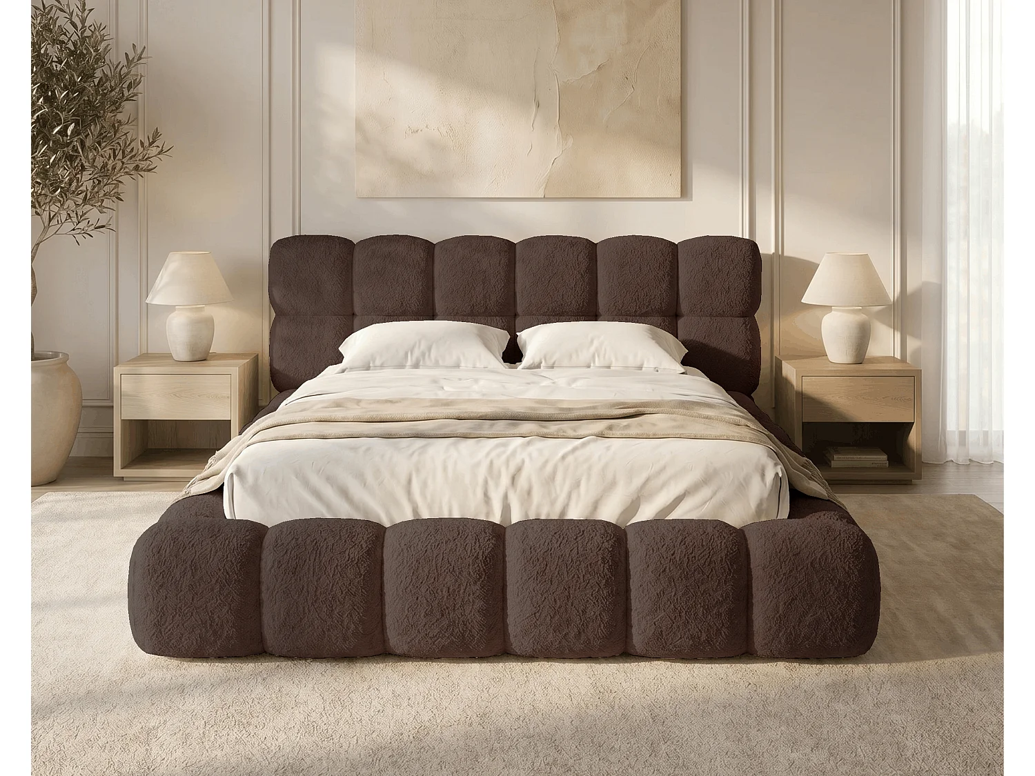 BESILIO Polsterbett 180x200 Bouclé Tokyo – Bett mit Bettkasten und Lattenrost, modernes Stauraumbett aus dickem Schaumstoff – Braun