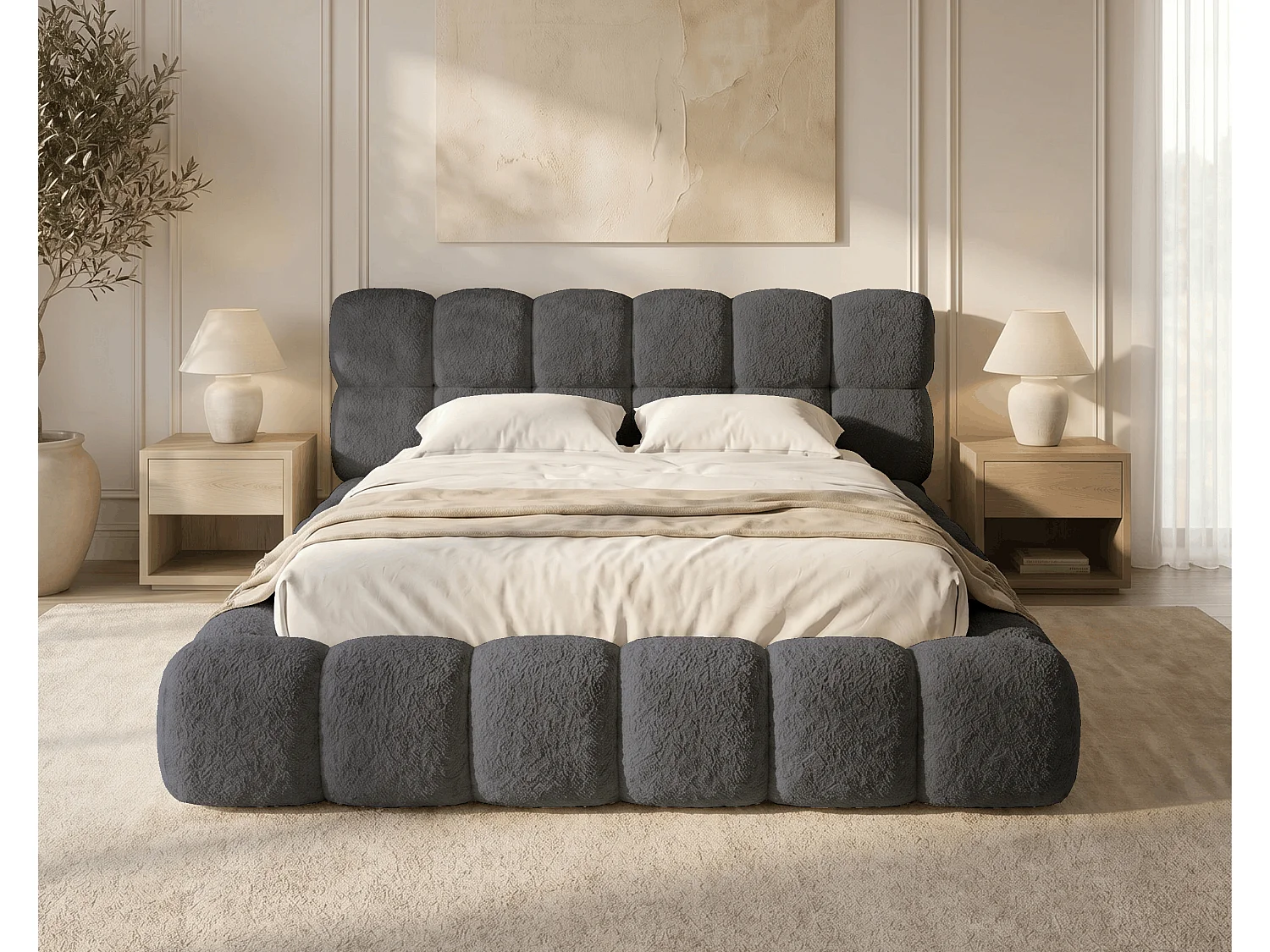BESILIO Polsterbett 160x200 Bouclé Tokyo – Bett mit Bettkasten und Lattenrost, modernes Stauraumbett aus dickem Schaumstoff – Grau