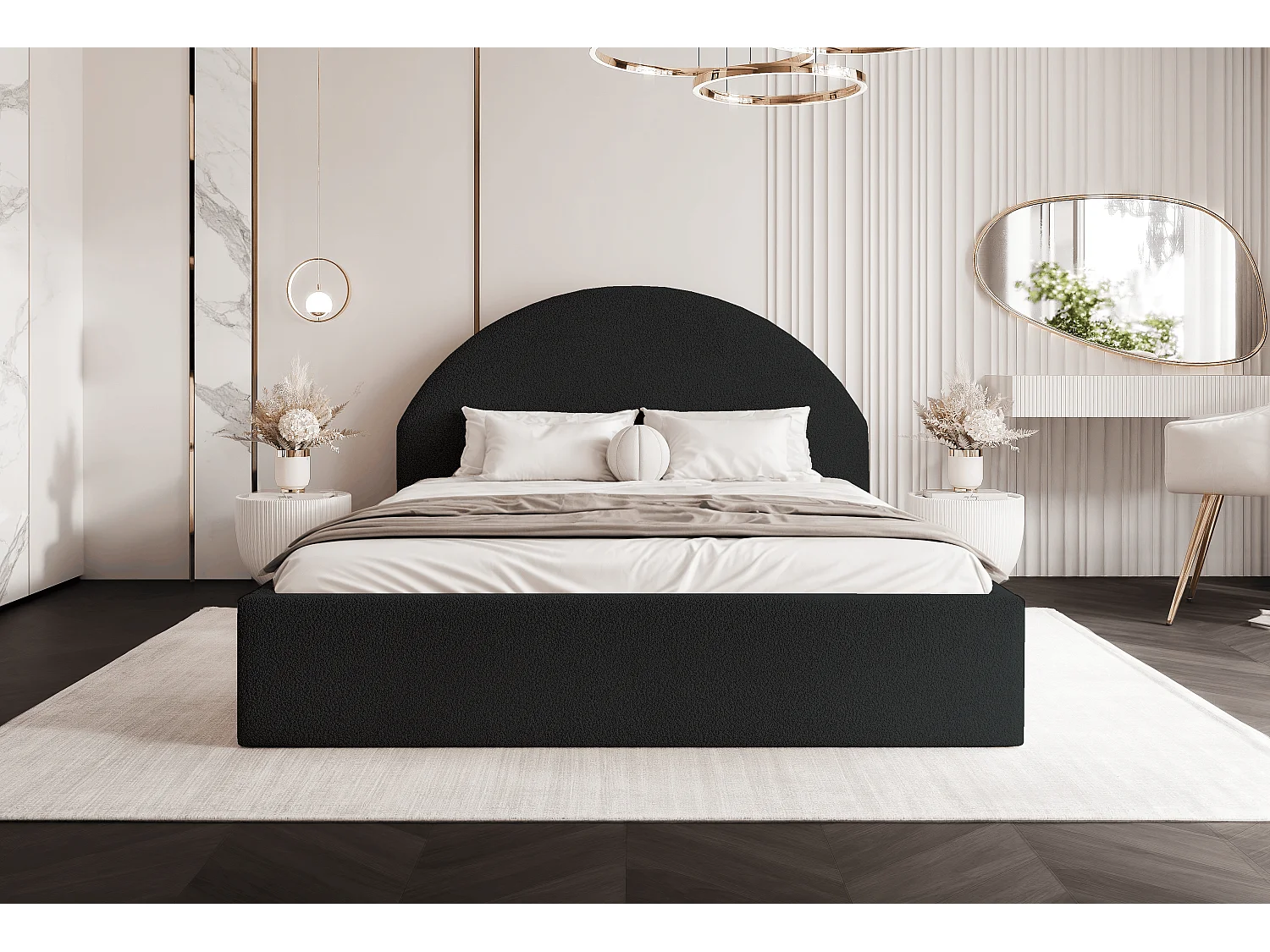 BESILIO Łóżko tapicerowane Boucle 180x200 Velora - stelaż listwowy, wezgłowie, pojemnik, łóżko slim - Czarny