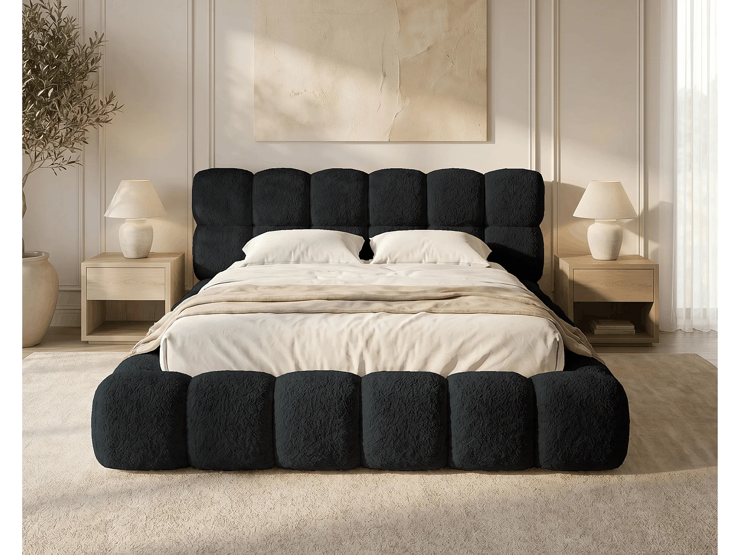 BESILIO Polsterbett 160x200 Bouclé Tokyo – Bett mit Bettkasten und Lattenrost, modernes Stauraumbett aus dickem Schaumstoff – Schwarz
