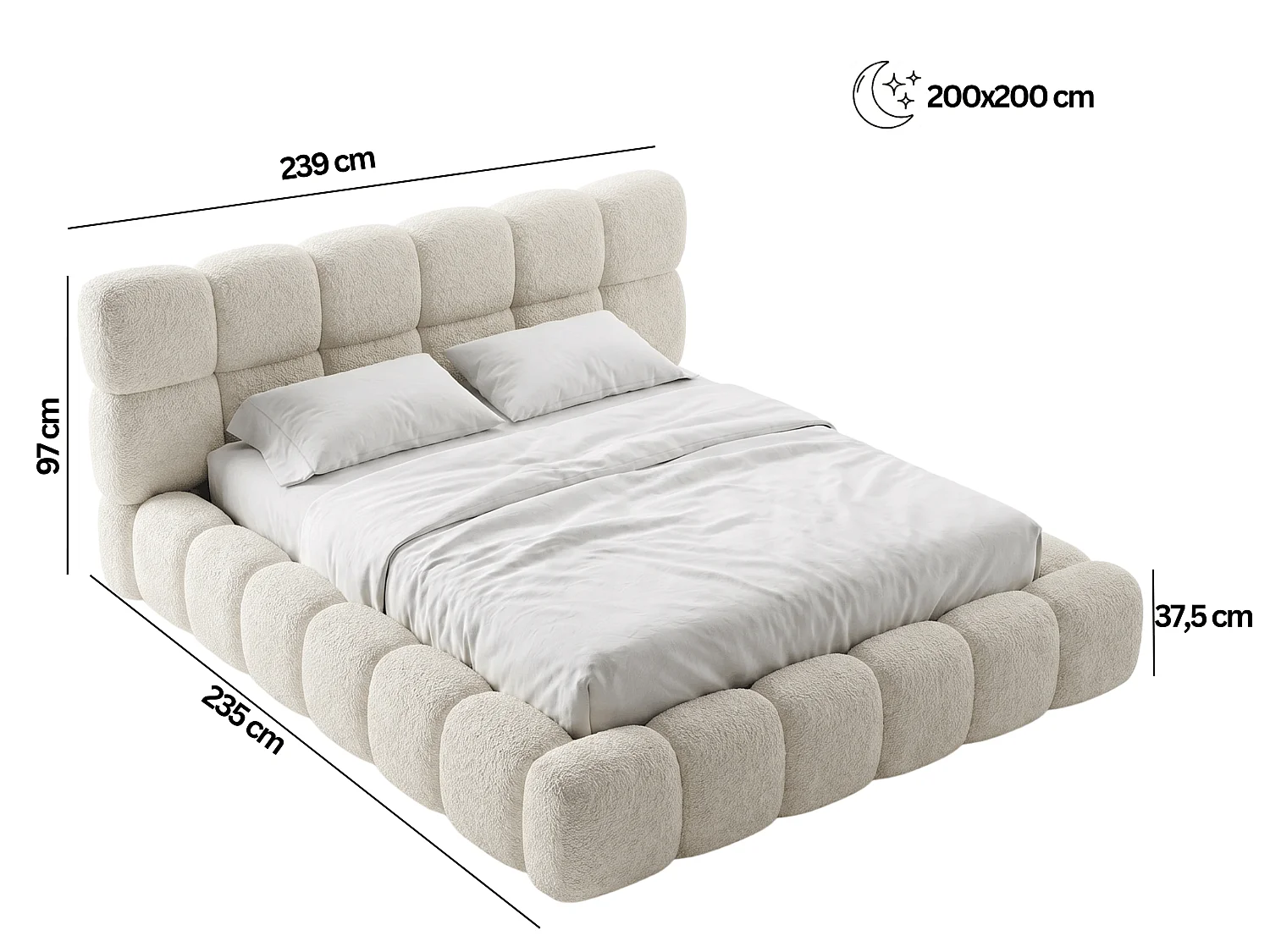 BESILIO Polsterbett 200x200 Bouclé Tokyo – Bett mit Bettkasten und Lattenrost, modernes Stauraumbett aus dickem Schaumstoff – Schwarz